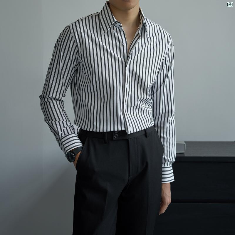 メンズ　ファッション　メンズファッション　大人　 秋 カジュアル ビジネス ストライプ 長袖 シャツ メンズ スリム ファッション 韓国 ウェディング シャツノー アイロン 伸縮性