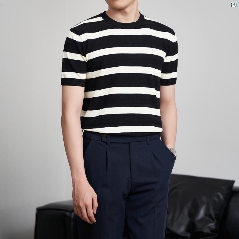 メンズ　ファッション　メンズファッション　大人　 夏 薄手大 ストライプ ラウンドネック 半袖 Tシャツ メンズ スリム ブリ ティッシュ ファッション カジュアル ビジネス メンズニット セーター