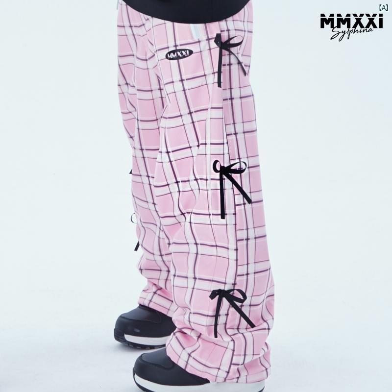 MMXXi スキー パンツ ボウ ピンク チェック柄 シングル ダブル ボード スーツ レディース 防水 厚手 スノーパンツ
