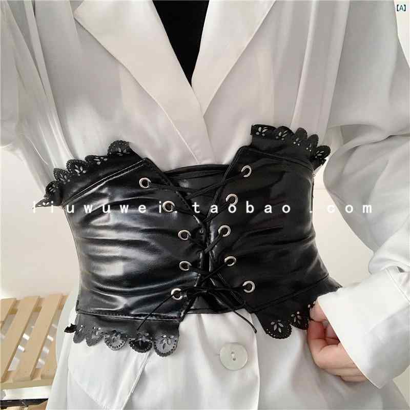 レディース　ファッション　ファッション小物　ウエスト　腰回り　　オシャレ レトロフレンチ ベルト 幅広 PU レザーレース 装飾 シャツ スーツ 付き 伸縮性 ウエスト バンド