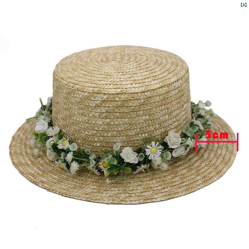 夏 レディース 麦わら わら フラット トップ つば 帽子 サンシェード つば広 日焼け防止 日よけ 頭囲 調節可能