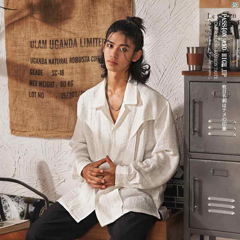 メンズ　メンズファッション　　 レトロ 木目 テクスチャー キューバン カラー 長袖 シャツ 春秋 男性用 構造 ハイエンド コート