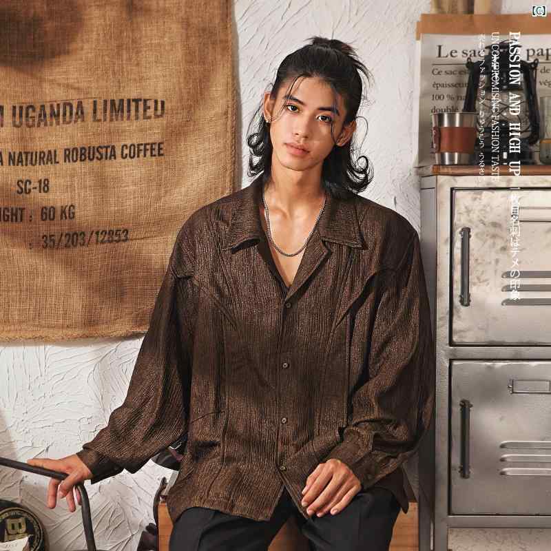 メンズ　メンズファッション　　 レトロ 木目 テクスチャー キューバン カラー 長袖 シャツ 春秋 男性用 構造 ハイエンド コート