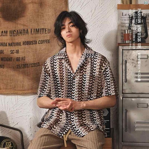 メンズ メンズファッション レトロ バー カラー エスニック ジャカード ブロック 半袖 シャツ 花柄 メンズ メンズファッション レトロ バー カラー エスニック ジャカード ブロック 半袖 シャツ 花柄