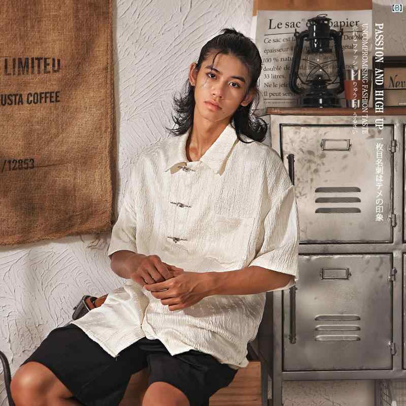 メンズ　メンズファッション　　 中華風 半袖 シャツ 夏 レトロ 質感