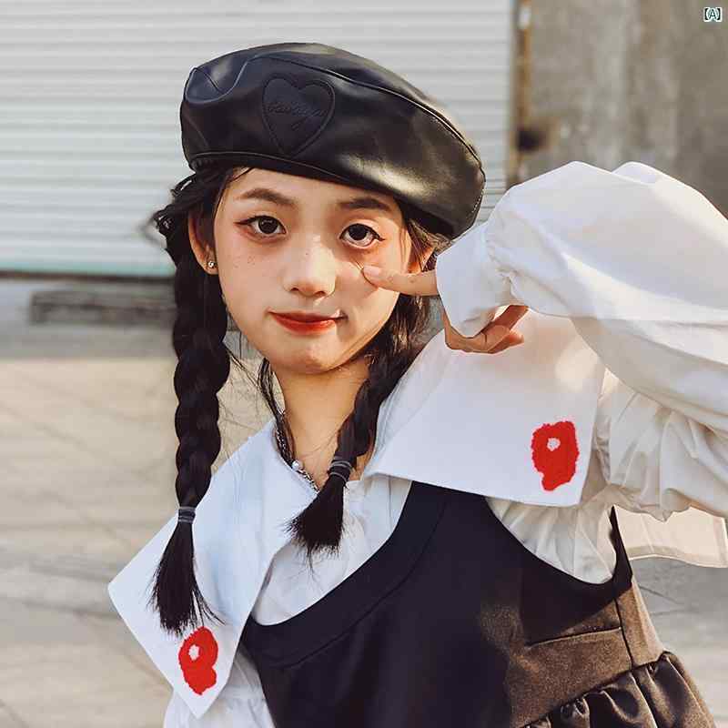 レディース 海外ファッション オシャレ ファッション小物 ラブ 刺繍 レザー ベレー 帽 韓国 秋 レトロ 顔 小柄 画家帽子