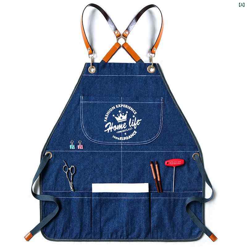 北欧 デニムエプロン ロゴ メンズレディース レストラン キッチン ベーカリー バリスタ ミルクティー ショップ 作業着 プリント