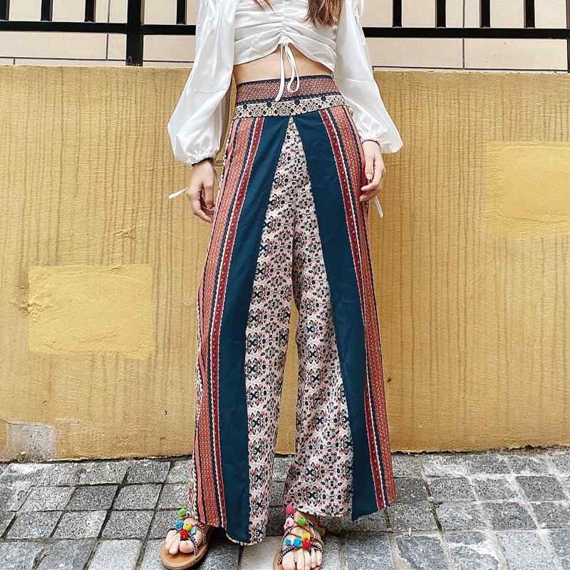 Travel Shop タイ 旅行 写真撮影 ボヘミアン ワイド レッグ パンツ レディース エスニック プリント トラベル スリット カジュアルのサムネイル
