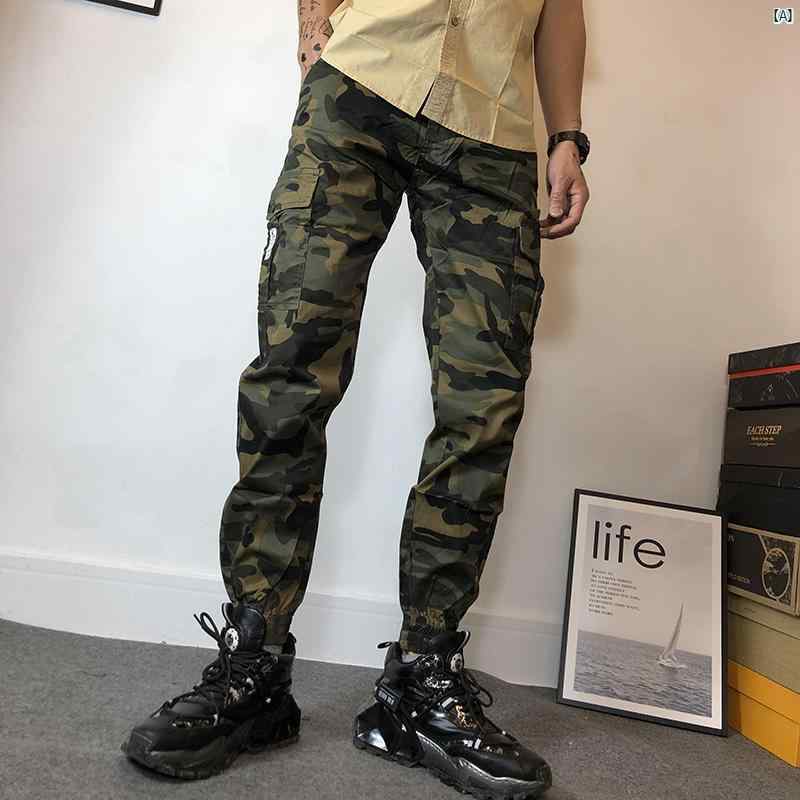 メンズ　ファッション　パンツ　アウトドア　アメリカン 夏 薄手 カーゴパンツ メンズ レッグ タイ 耐久性 スリム 迷彩 カジュアル パンツ