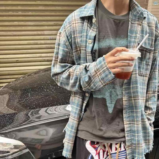 アメリカン レトロ タッセル 破壊 ブルー チェック柄 シャツ 春秋 ロー エッジ メンズレディース ジャケット アメリカン レトロ タッセル 破壊 ブルー チェック柄 シャツ 春秋 ロー エッジ メンズレディース ジャケット