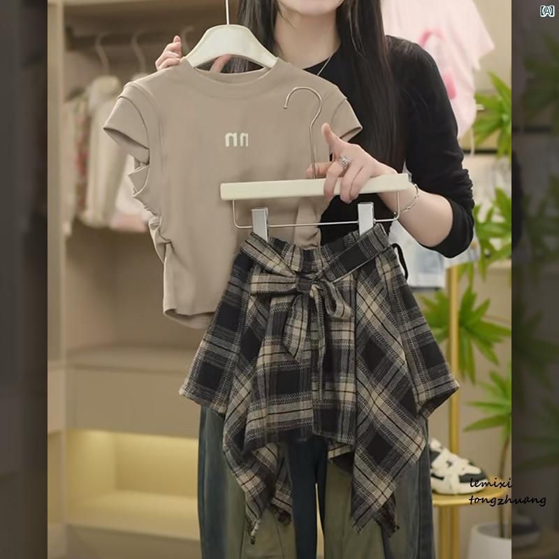 キッズ キッズ用品 子供用品 キッズファッション 小柄 ガールズ 背中 開いた 半袖 Tシャツ チェック柄 スカート スーツ 夏中大 子供 キュロット 6