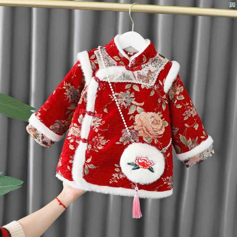 キッズ キッズ用品 子供用品 キッズファッション ドレス ワンピース かわいい キュート 海外風 ガールズ 韓服 冬服 西洋 女 中華風 唐装 チャイナ ドレス 裏起毛 厚手 幼児 大晦日 服のサムネイル