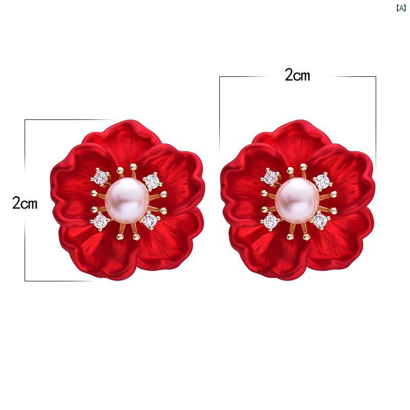 レディース　ファッション　アクセサリー　綺麗　上品　大人 レッド 牡丹 花 イヤリング ホット ハイエンド アクセサリー 丸顔