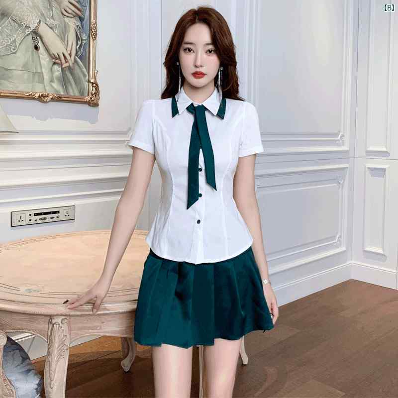 レディース　サロン フットマッサージ 技術者 作業着 フェミニン スリム カレッジ プリーツスカート スーツ シャツ ホテル KTV 服
