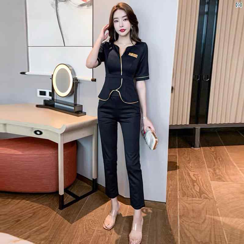 レディース　サロン 健康 ショップ 作業着 レディース 美容師 秋新 お腹 カバー スリム ミッド スリーブ スーツ ナイトクラブ フットマッサージショップ フットマッサージ パンツ