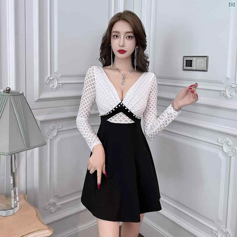 レディース　サロン ナイトクラブ 魅惑的 レディース ウエスト 長袖 ドレス ホテル ktv フットマッサージ ファッション 作業着 レース Vネック Aラインイン イン スカート