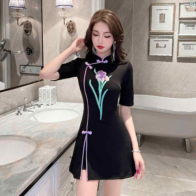 レディース　サロン フットマッサージ フットバス 技術者 作業着 チャイナ ドレス 2点セット ウエスト Aラインイン