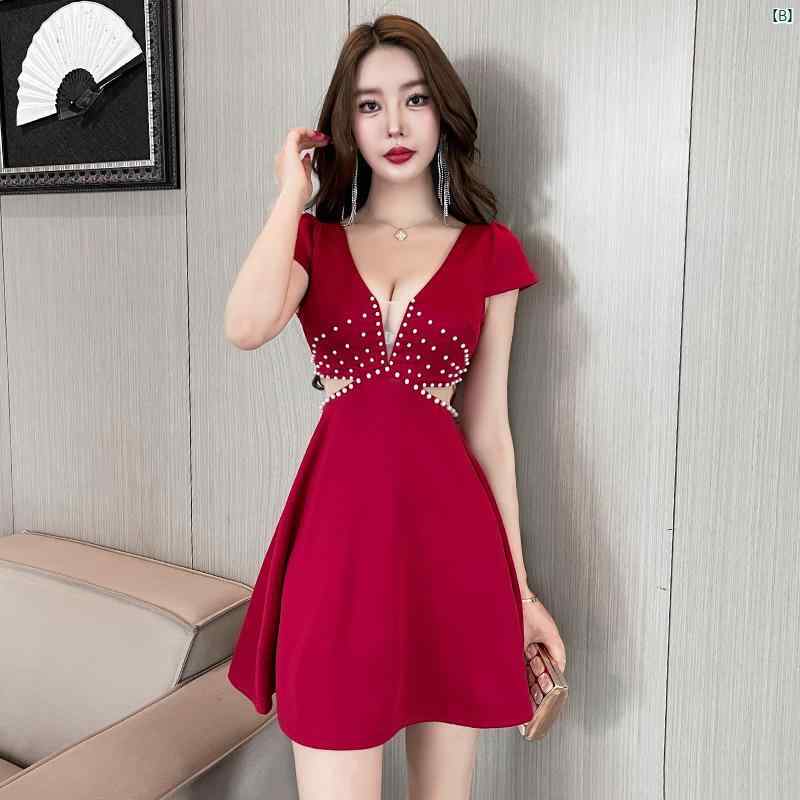 レディース　仕事　ファッション 低 襟 ショート 中国 レッド ドレス ナイトクラブ スパ 魅惑的 ウエスト 入浴 秋 技術者 制服