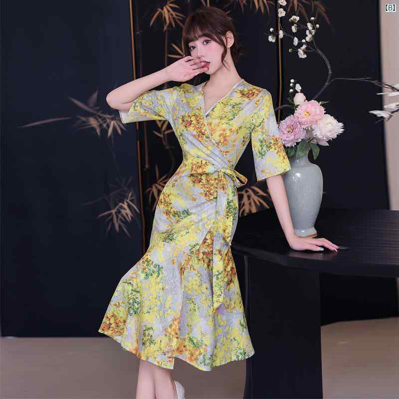 レディース　ドレス　タイト　スッキリ 魅惑的 ファッション プリント ドレス Vネック リゾート ミディ スカート ペディキュア ナイトクラブ レディース 技術者 制服