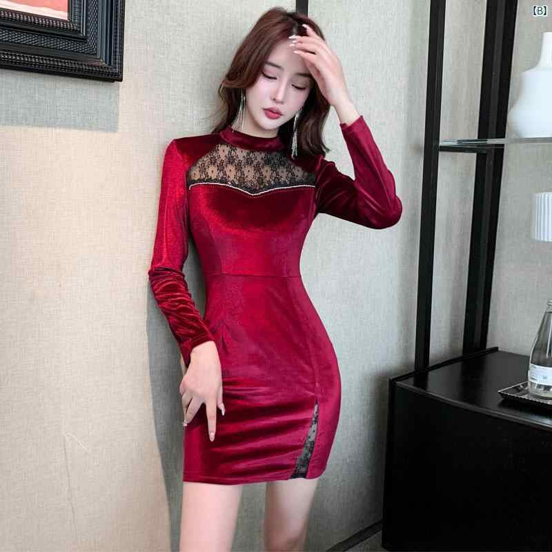 レディース　ドレス　タイト　スッキリ ナイトクラブ レディース 魅惑的 ベルベット スリム ドレス 冬 長袖 シースルー レース バック パック ヒップ ショート スカート