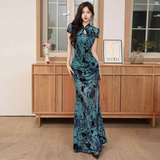 レディース 魅惑的 花柄 ロング レース スリットドレス ホテル スリム 茶 アーティスト 婦人服 レディース 魅惑的 花柄 ロング レース スリットドレス ホテル スリム 茶 アーティスト 婦人服