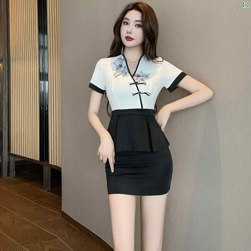 レディース 春夏 中国 人 技術者 作業着 レディース 美容室 美容師用 スリム おしゃれ Vネック 2点セット