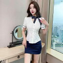 レディース ホテル フロント 制服 ヘルスセンター セクシー スリム Vネック ホワイト シャツ ヒップ カバー ショート スカート レースアップ リボン スーツ 夏