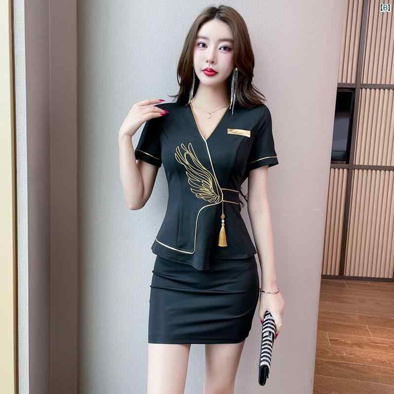 レディース　ドレス　タイト　スッキリ 秋 ナイトクラブ レディース ペディキュア フットバス 技術者 制服 チャイナ ドレス 2点セット プリント 作業着