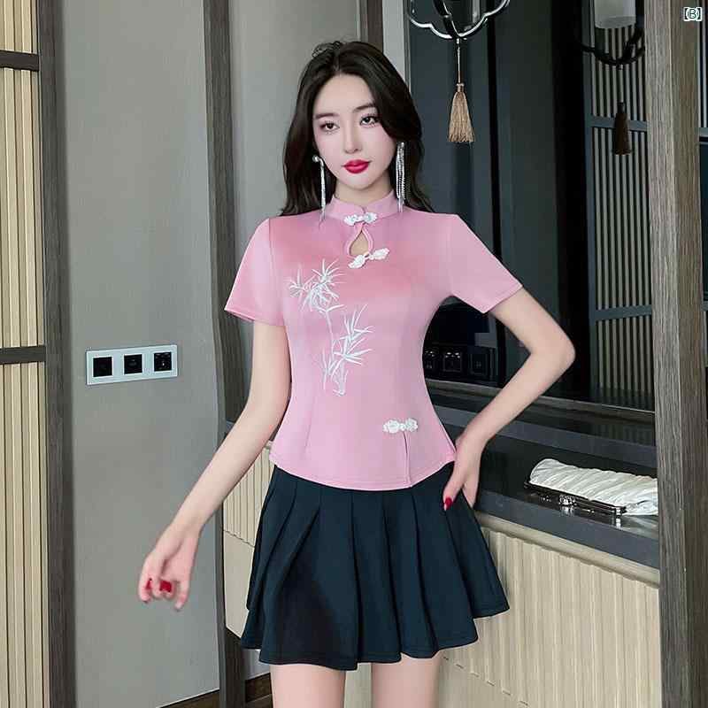 レディース ガーリー ピンク 中華風 刺繍 チャイナ シャツ プリーツスカート ズボン レディース 小柄 バー プリンセス ティー ソムリエ