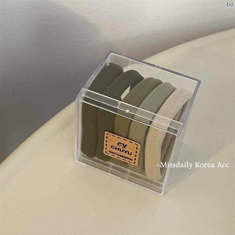 レディース ヘア 髪留め カチューシャ オシャレ 高級感 秋冬 ダーク グリーン 5 タオル ヘア ゴム ポニーテール ボール 付き ロープ 伸縮性 耐久性 バンド