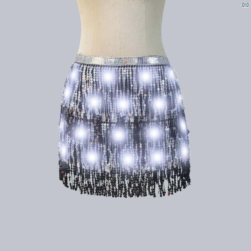 ハロウィン ベリーダンス ウエスト チェーン 4 層 発光 レディース スパンコール タッセル ヒップ スカート スカーフ ナイトクラブ パフォーマンス LED バンド