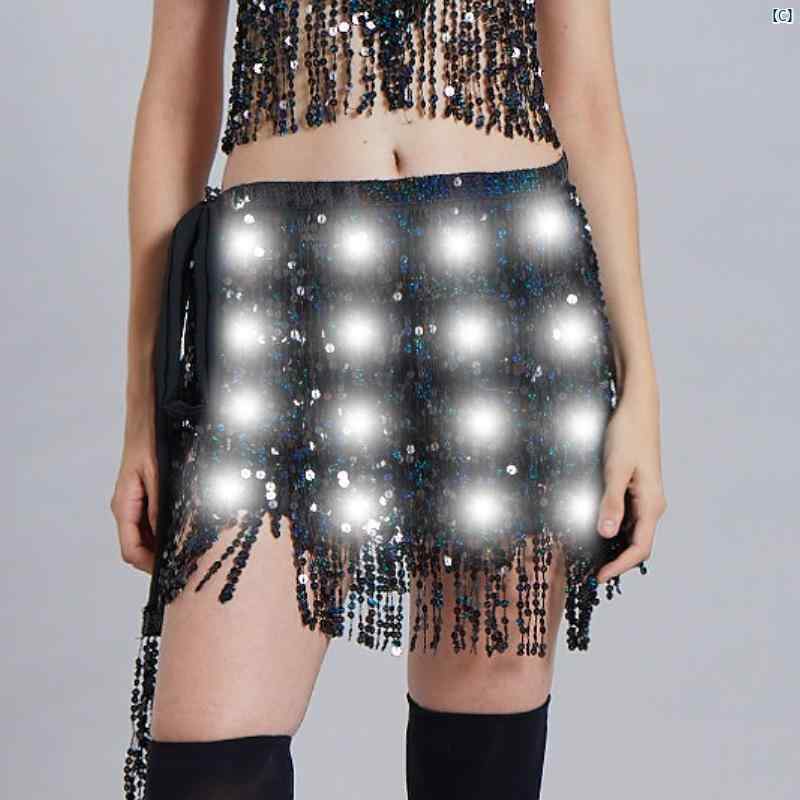 ハロウィン ベリーダンス ウエスト チェーン 4 層 発光 レディース スパンコール タッセル ヒップ スカート スカーフ ナイトクラブ パフォーマンス LED バンド