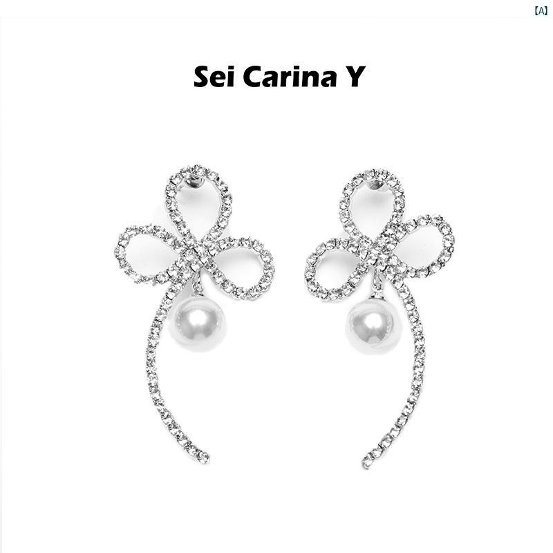 レディース　海外　ファッション　オシャレ　かわいい　個性的 クローバー パールイヤリング ロング イヤリング