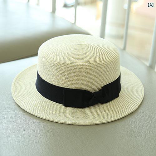 レディース　ファッション　おしゃれ　韓国　帽子 夏 レディース フラット トップ 麦わら 帽子 和風 平 つば 日焼け防止 フランス イギリス 小柄 ハット シーサイド