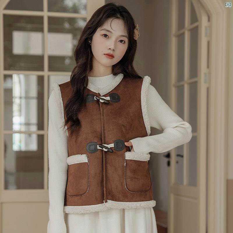 レディース　ファッション　ドレス　中華　中国 文学 レトロ カレッジ バック スキン ベルベット 子羊毛 ホーン バックル カジュアル ベスト 中華風 秋冬 コート カーディガン