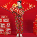 レディース ファッション ドレス 中華 中国 東北 地方 花柄 ジャケット 中華風 コート レッド 旧正月 唐服 キルティング 厚手 コットンコート ズボン 2点セット