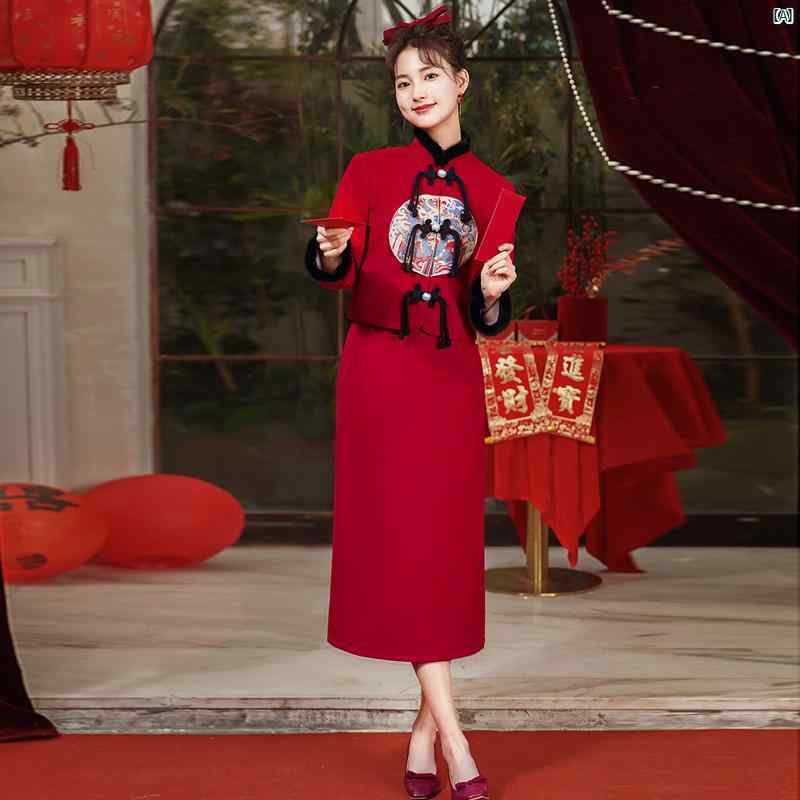 レディース　ファッション　ドレス　中華　中国 中華風 チャイナ ドレス 冬 ベルベット 挨拶 唐 スーツ スカート レッド 動物 服