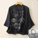 レディース ファッション ドレス 中華 中国 コットン リネン トップス 刺繍入り シャツ 中華風 スタンドカラー ディスク バックル カジュアル レトロ ゆったり(4)