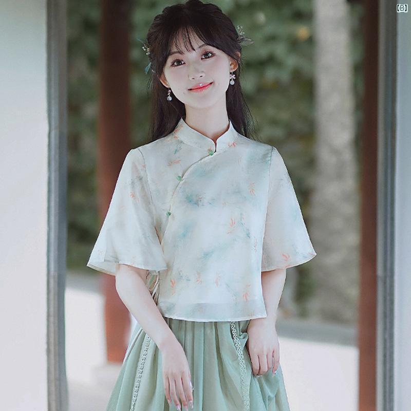 レディース ファッション ドレス 中華 中国 不滅 漢 中華風 エスニック 様式 チャイナ トップ 小柄 学生 服 日常 漢服 唐 セットアップ可能 ティー