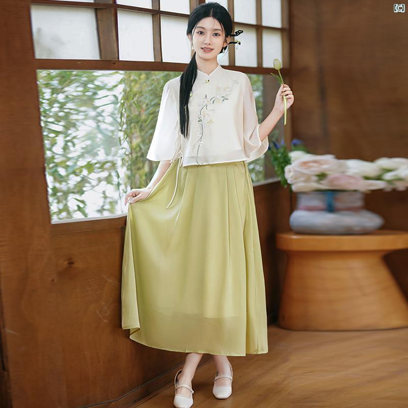 レディース ファッション ドレス 中華 中国 不滅 漢 中華風 エスニック 様式 チャイナ トップ 小柄 学生 服 日常 漢服 唐 セットアップ可能 ティー