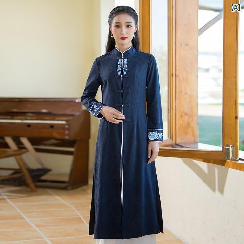 レディース ファッション ドレス 中華 中国 中華風 唐服 トップ ミドル丈 レトロ 秋冬 コート コットン 麻 漢服 瞑想 茶道 セットアップ可能(4)