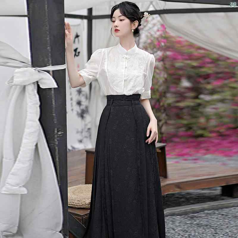 レディース ファッション ドレス 中華 中国 中華風 トップス スカート 2点セット 高級 夏 半袖 通勤 シャツ ドレス