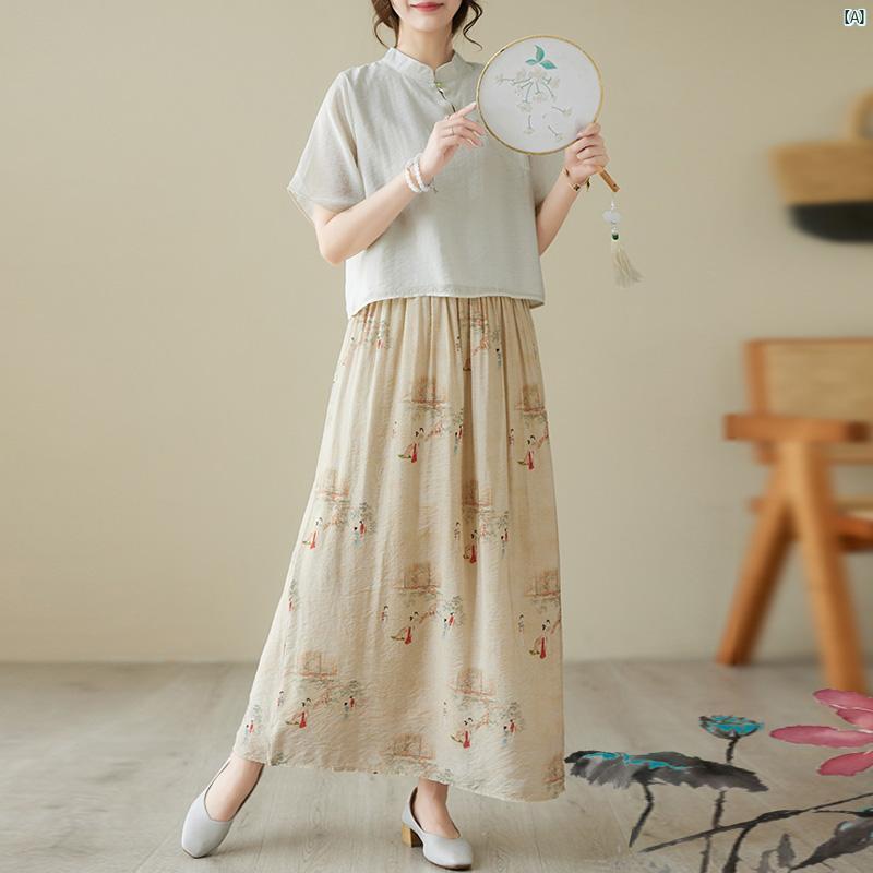 レディース ファッション ドレス 中華 中国 中華風 レトロ 2点セット スラント 半袖 チャイナ トップ 瞑想 唐 セットアップ可能 茶 アート 夏 漢服