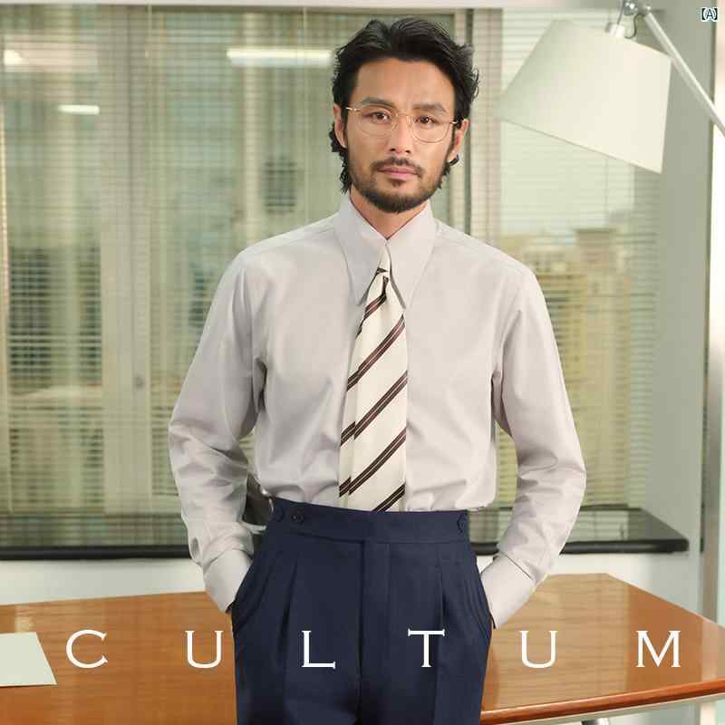 メンズ　メンズファッション　英国ファッション　オシャレ　大人　男性 ルー タイ 三層 コットン イタリア製 DPノーアイロン ロング ポイント カラー 隠し ボタン 長袖 シャツ