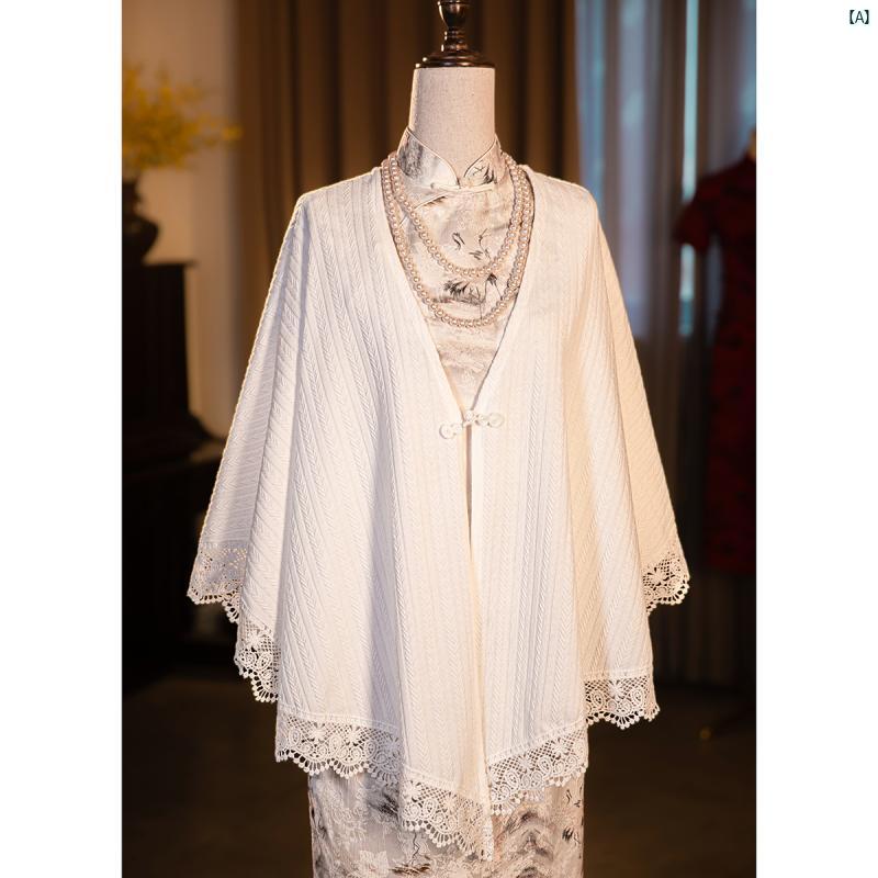 レディース　中華ドレス　中国ドレス　チャイナドレス　綺麗　オシャレ　パーティー　披露宴　上品 オフ ホワイト チャイナ ドレス ニットカーディガン ショール ジャケット上 着用 し ハイエンド 若々しい 外着用