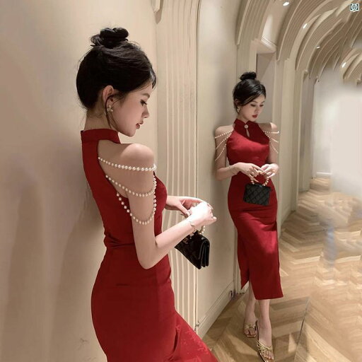 レディース パーティ ハイエンド レッド チャイナ イブニング ドレス レディース 秋冬 中国 モーニング ローブ 写真撮影 Yujie ホルター ネック ヒップ レディース パーティ ハイエンド レッド チャイナ イブニング ドレス レディース 秋冬 中国 モーニング ローブ 写真撮影 Yujie ホルター ネック ヒップ