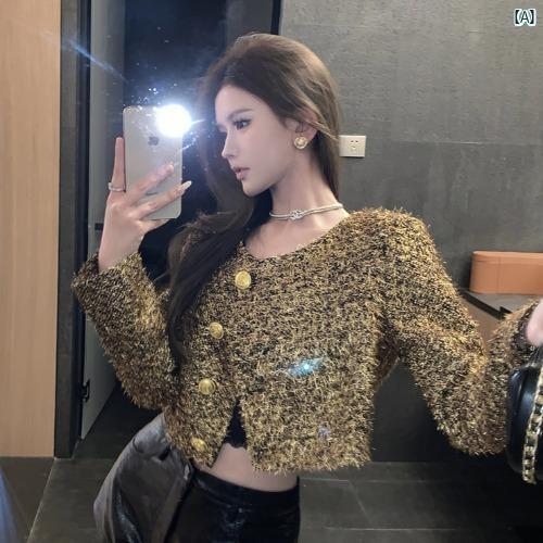 レディース　ファッション　海外 ハイエンド 明るい ショート ジャケット 春秋 リッチ ガール ゴールド ボタン トップ