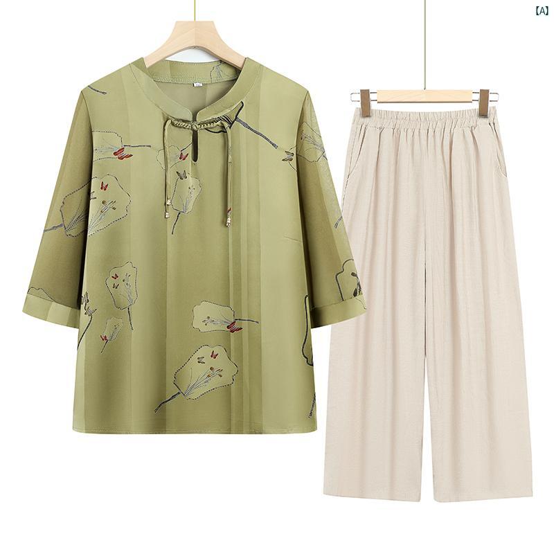 レディース ファッション レディース マダム 祖母 ママ 夏 風 シフォンシャツ 中華風 セットアップ可能 Tシャツ パンツ 2点セット可能