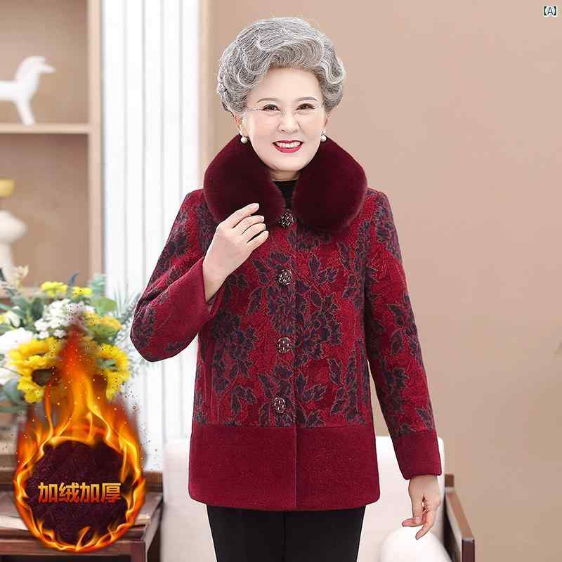 レディース　ファッション　祖母　ママ　オシャレ　上品　綺麗 冬用 ウール コート ベルベット 厚手おばあちゃん ミドル丈 コートお母さん 毛皮 襟 服