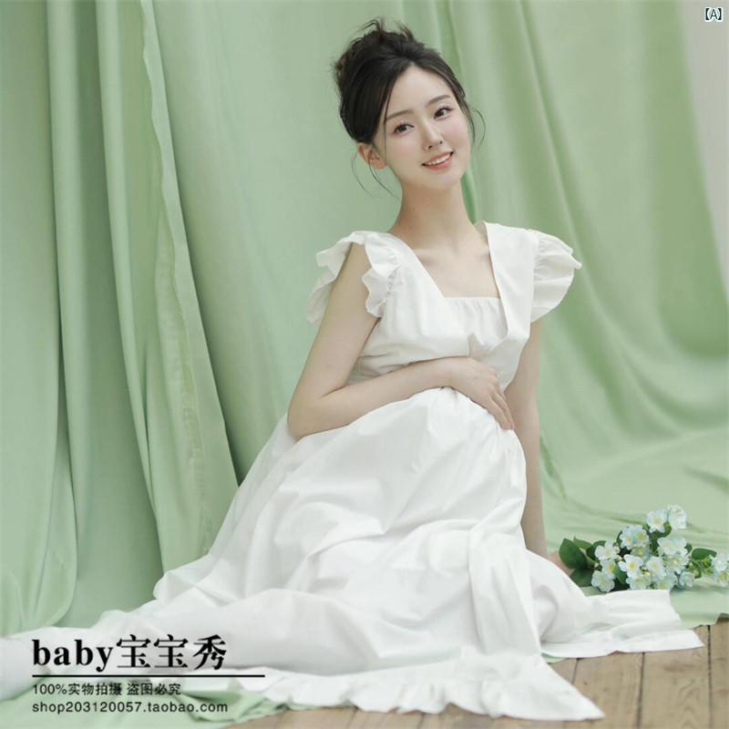 レディース スタジオ マタニティ 写真 服 美しい ホワイト ワンピース スカート ミイラ 腹 アート